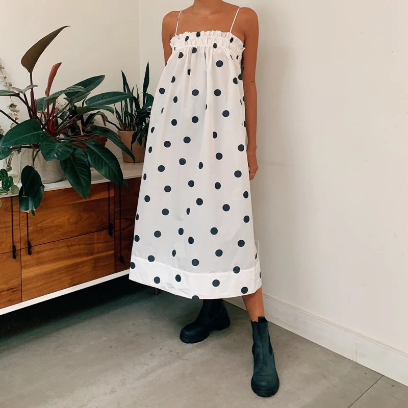Y2k Polka Dot Maxi Dress Vintage Spaghetti Strap Loose Fit Midi Dress Boho Beach Long Dresses Sundress for Women Going Out
