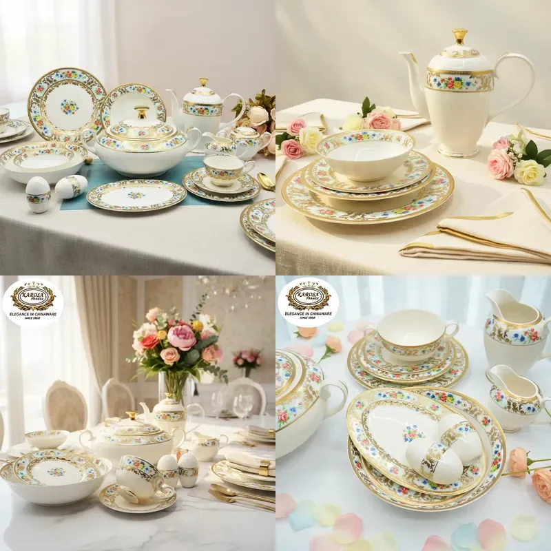 98pcs Embossed Gold Tableware Royal Style Flower Design China Dinnerware Porcelain Dinner Dish Sets
