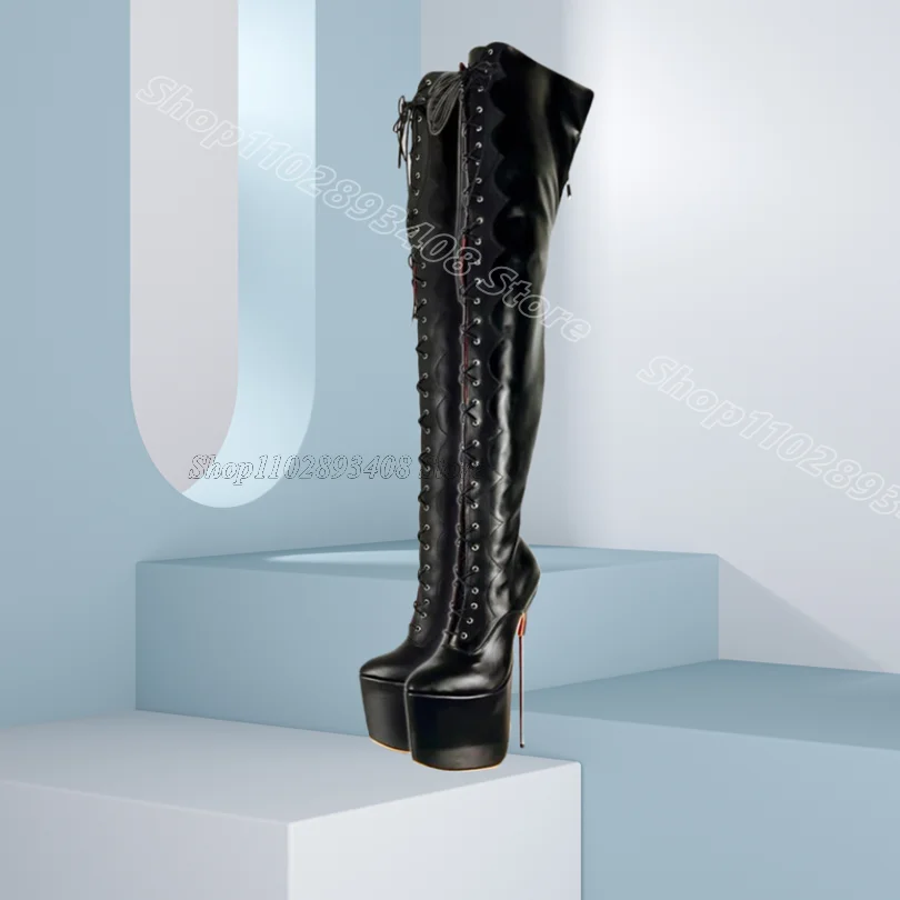 Black Cross Band Platform Boots Leather Side Zipper Spring Solid Fashion Women Party Over Knee Boots 2025 Zapatos Para Mujere