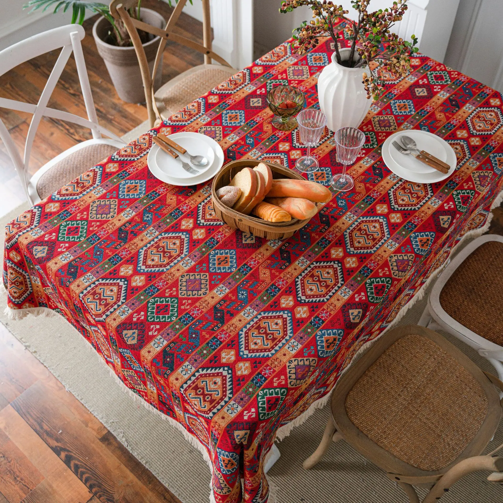 American Chunky Jacquard Tablecloth, Red Festive Table Cloth, Wedding Decoration, Christmas Party