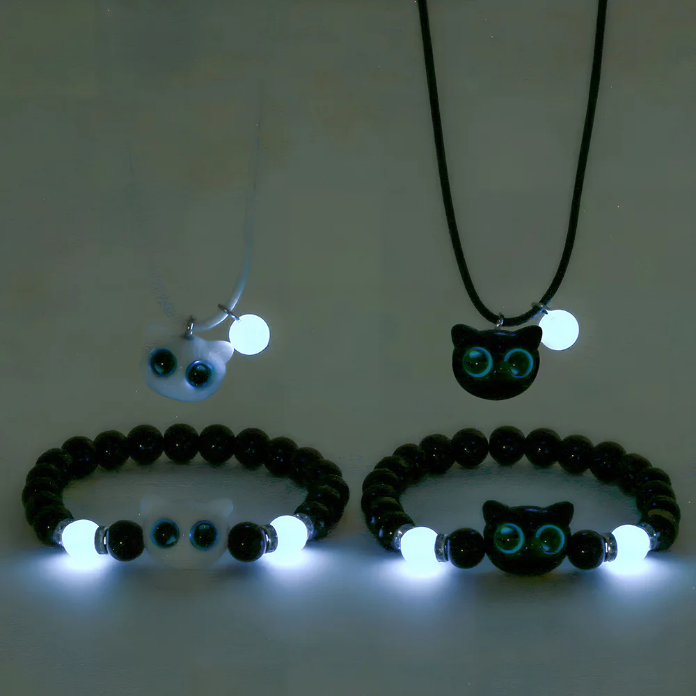 Meetvii Glow-in-the-Dark Cat Lovers Cartoon Jewelry Set Cheesy Adorable Cat Beaded Bracelet & Necklace Combo Drop shipping
