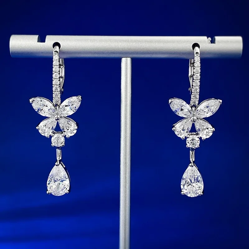 Flower Water Drop Moissanite Diamond Dangle Earring 100% Real 925 Sterling Silver Wedding Drop Earrings for Women Bridal Jewelry