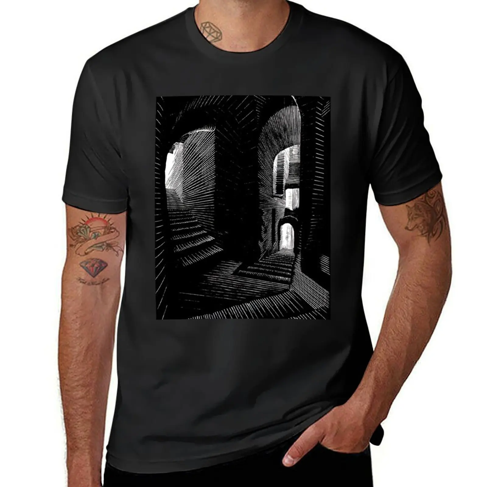 Covered Alley in Atrani (Optical Illusion) 1931, by M.C. Escher T-Shirt anime cute tops funny t shirts for men