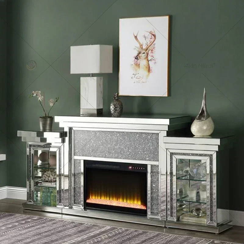 

Multi-color silver crystal Glass living room mirror fireplace with drawers