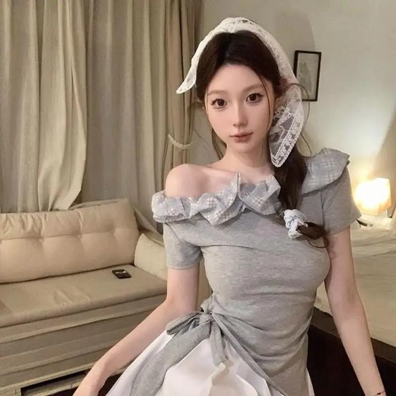 Korean Ruffled Off-The-Shoulder T-Shirt for Girls Summer New Style Girl Students Can Wear Fashion Trend Outdoors When Shopping