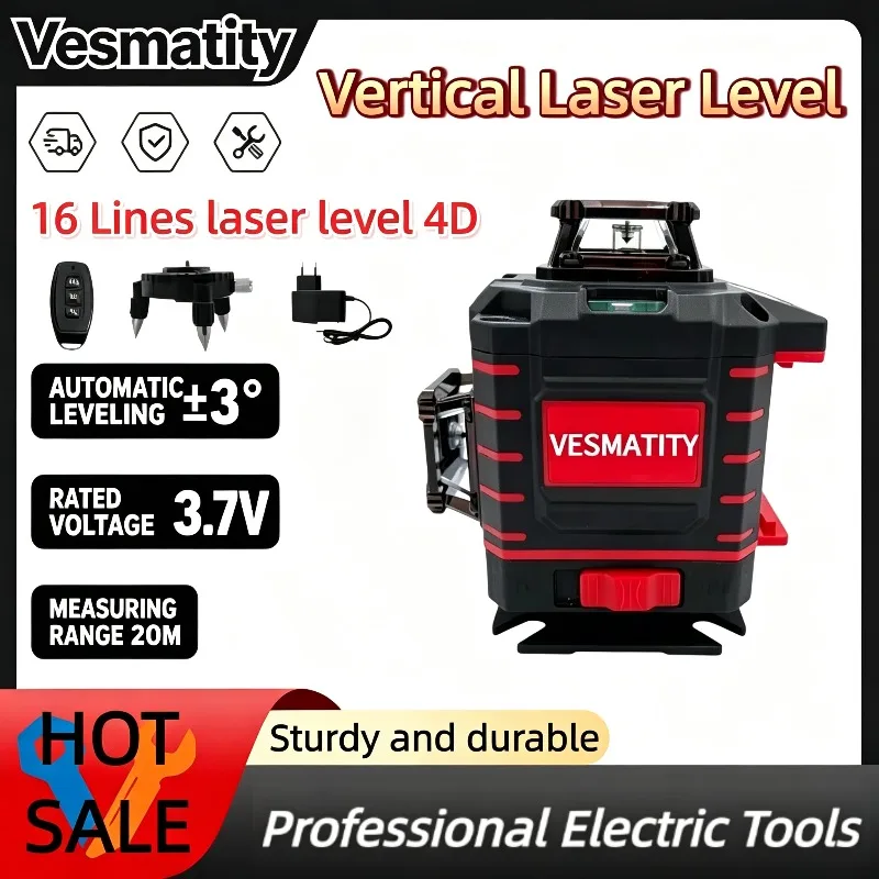 Self-leveling Vertical Laser Level Green Beam 4 Sides*360 Degree Vertical 16 Lines Cross Line Lase Tool with Battery