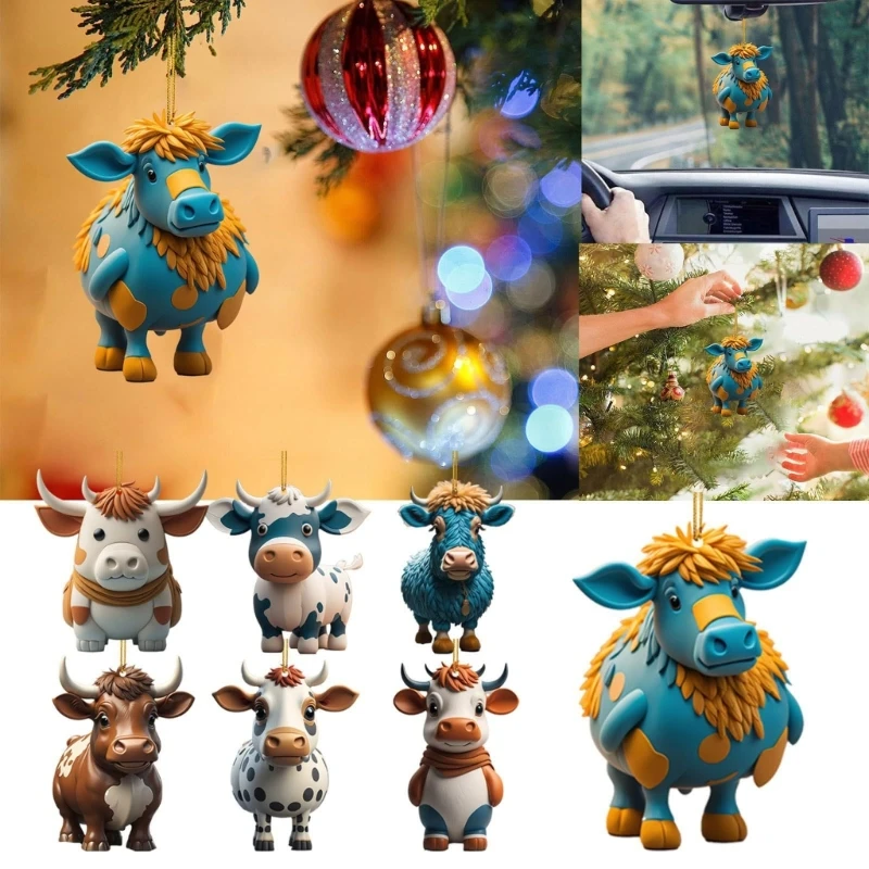 Playful Cartoon Cow Car Pendant Ornaments Hangings Decors with Lanyard Wear Resistant Festival Christmas Tree Decorations