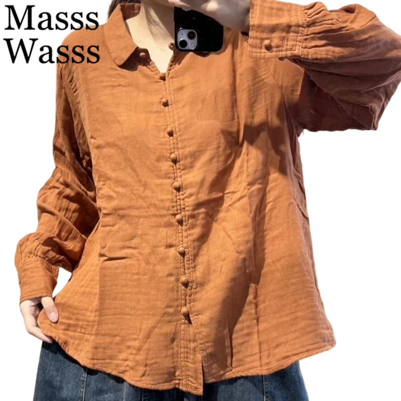 

Mass Wass, осенние корейские блузки, женские однотонные винтажные свободные рубашки для отдыха, женские элегантные классические хлопковые льняные топы с длинными рукавами
