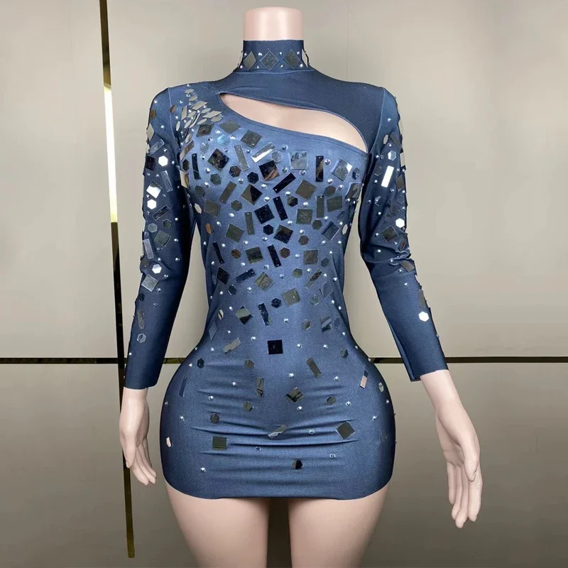 Shiny Mirrors Rhinestones Dress Women Celebrate Evening Dresses Performance Festival Outfit Stage Singer Sequins Dress XS7514