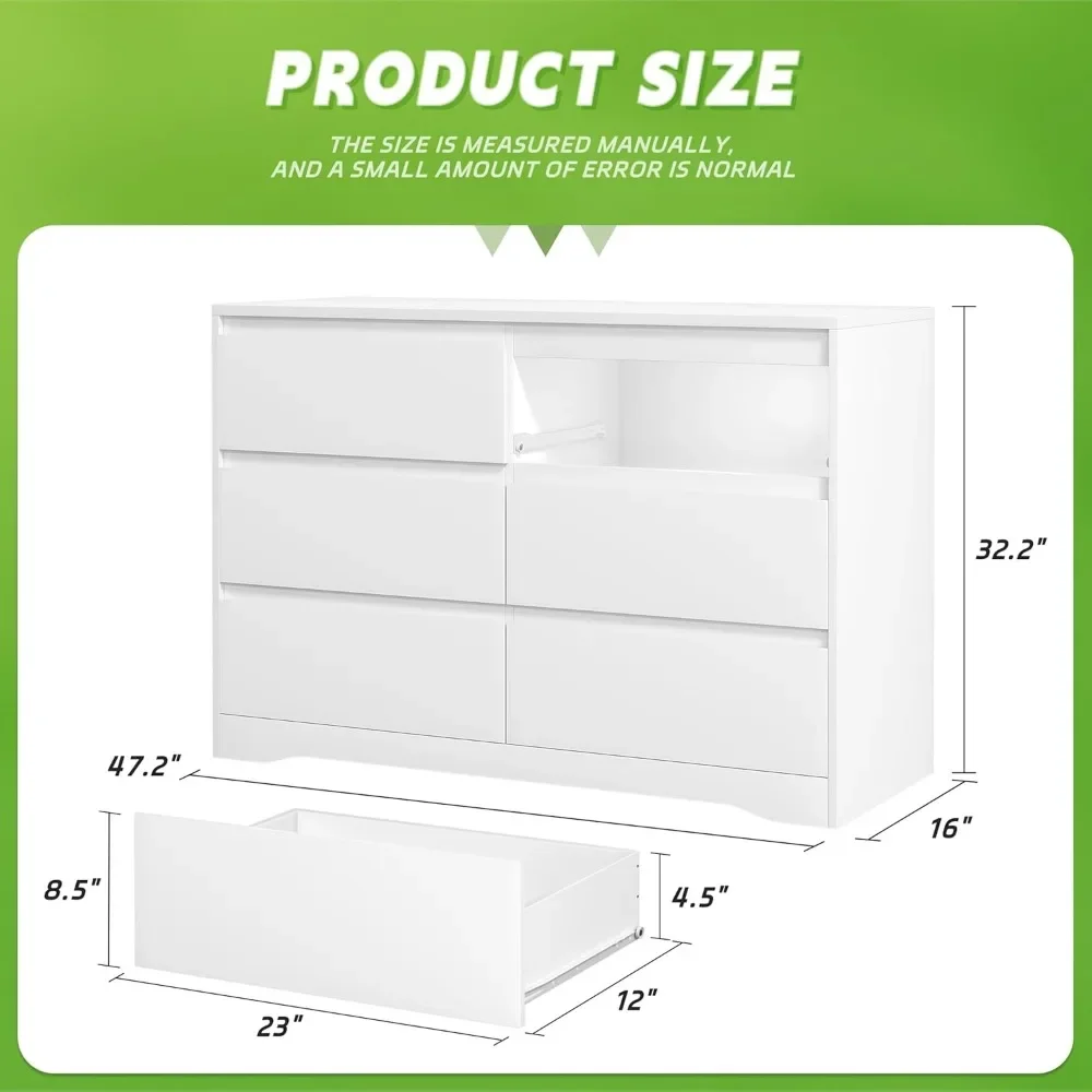 White Dresser with Deep Drawers, Modern 6 Drawer Dresser for Bedroom, Large Wooden Dresser for Bedroom