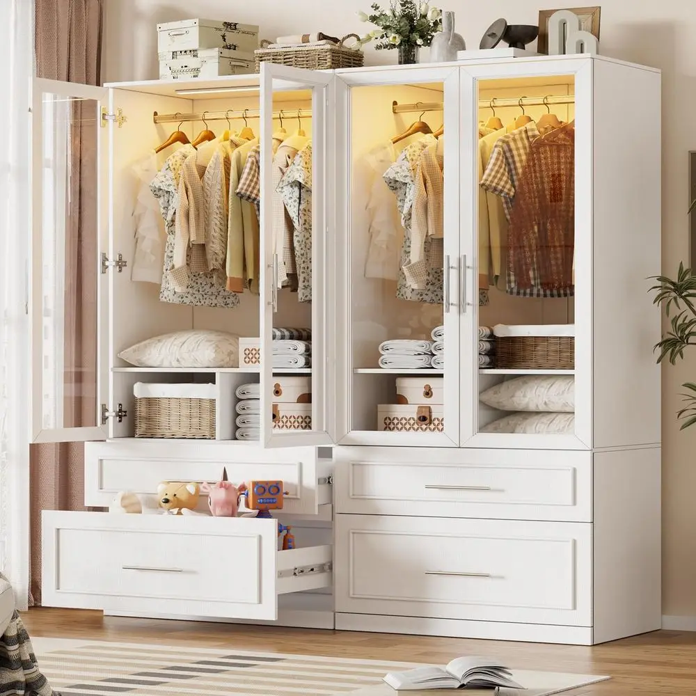 

Lighted Glass Door Armoire with Hanging Space, White Bedroom Wardrobe Cabinet