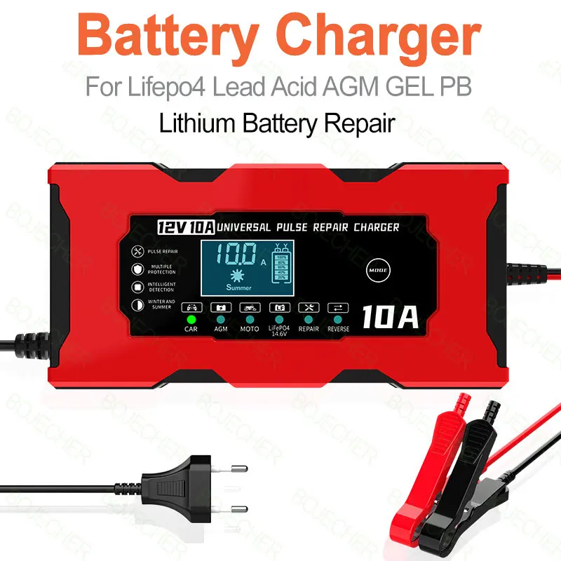 Car Battery Charger 12V10A Smart Battery Charger For Lifepo4 Lead Acid AGM GEL PB Lithium Battery Repair Motorcycle/Car Charger