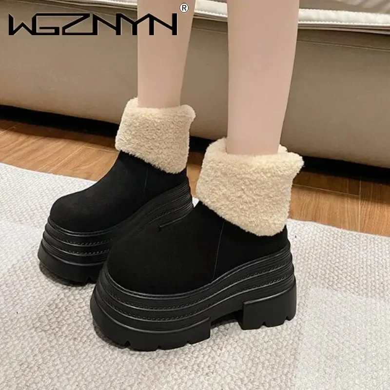 2026 inverno botas de neve quentes das mulheres ao ar livre sapatos de tornozelo de pelúcia anti-skid tênis de couro grosso bota de pele curta botas mujer 10cm