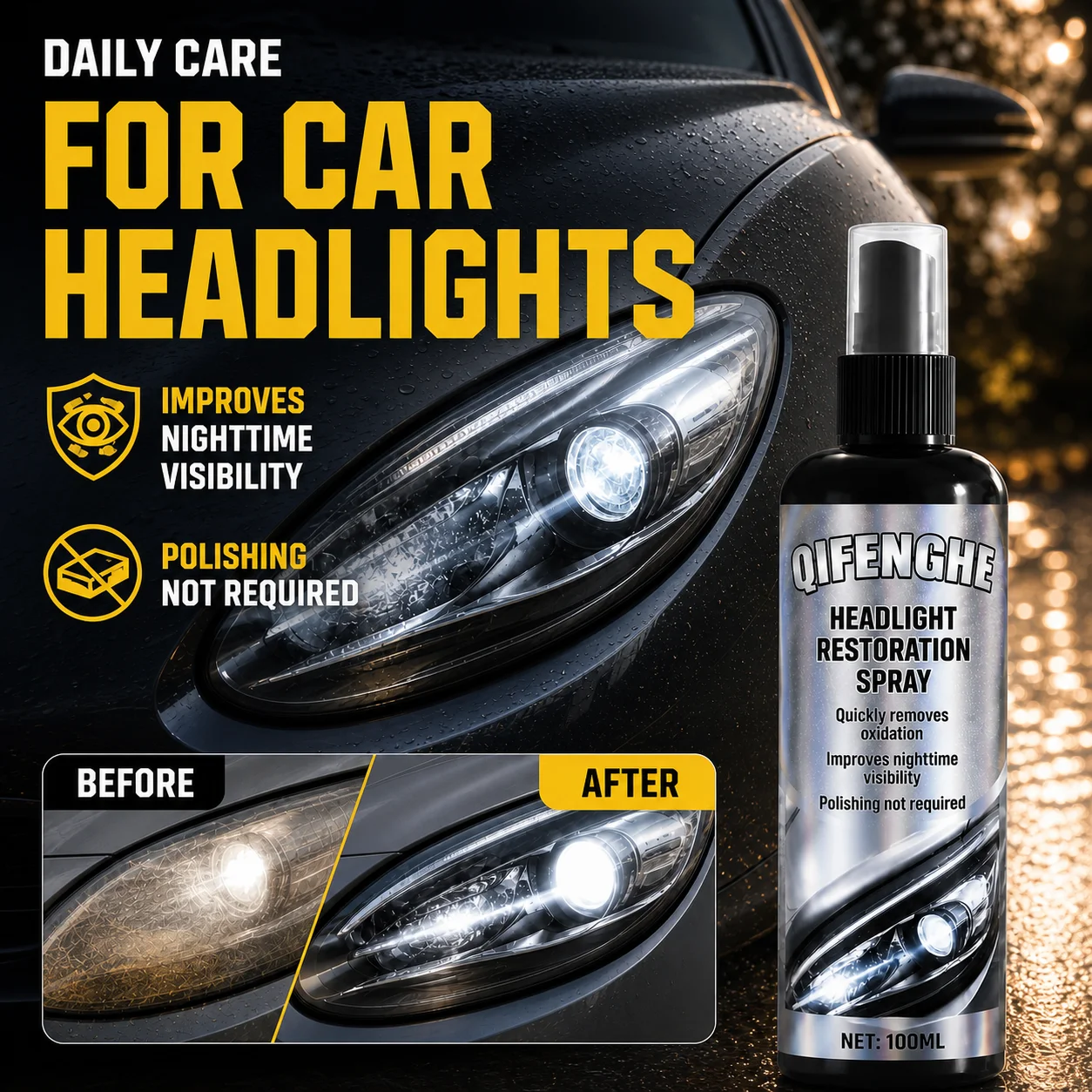 QIFENGHE Car Headlight Restoration Spray 100ml, Headlamp Oxidation Yellowing Remover, Restore Clarity, No Polishing Needed for A