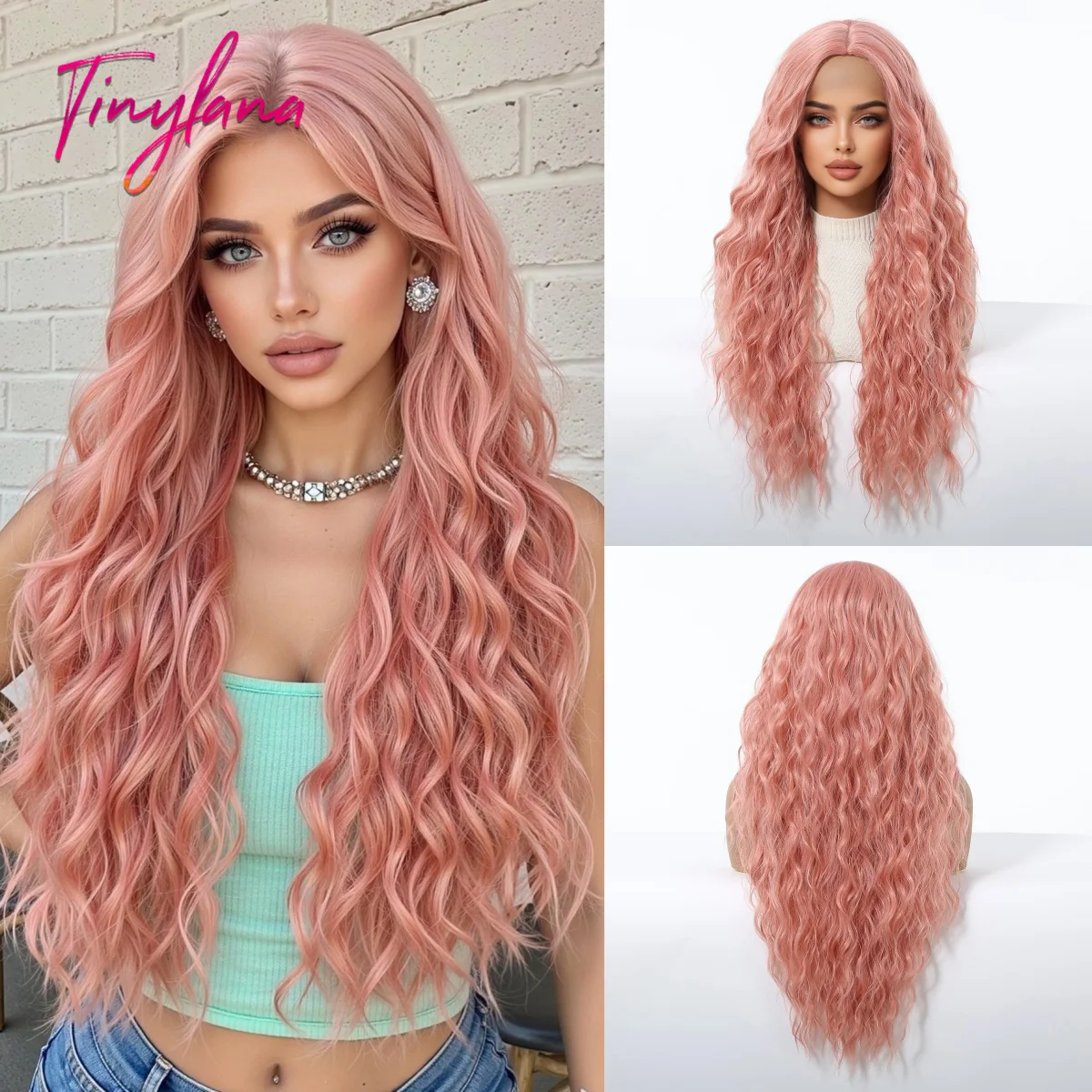 Long Pink Curly Wave Synthetic Wigs Middle Part for Women Halloween Cosplay Costume Daily Pink Hair Wigs Natural Heat Resistant