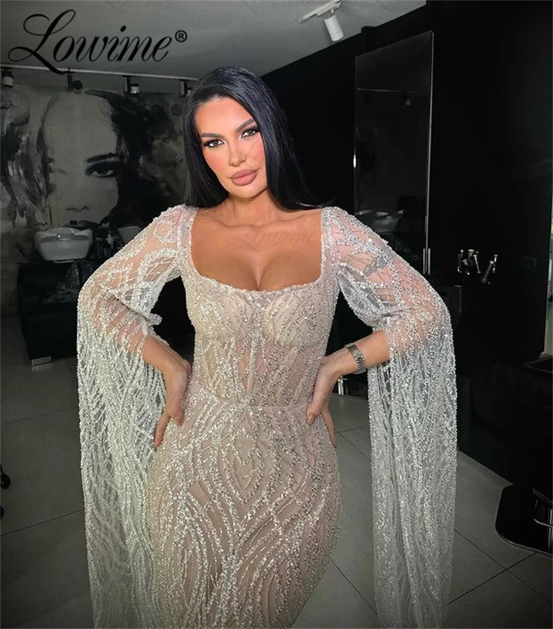 Glitter Sequins Cape Sleeve Dubai Arabic Evening Dresses 2024 Customize Mermaid Celebrity Dress Aso Ebi Wedding Party Dress Robe