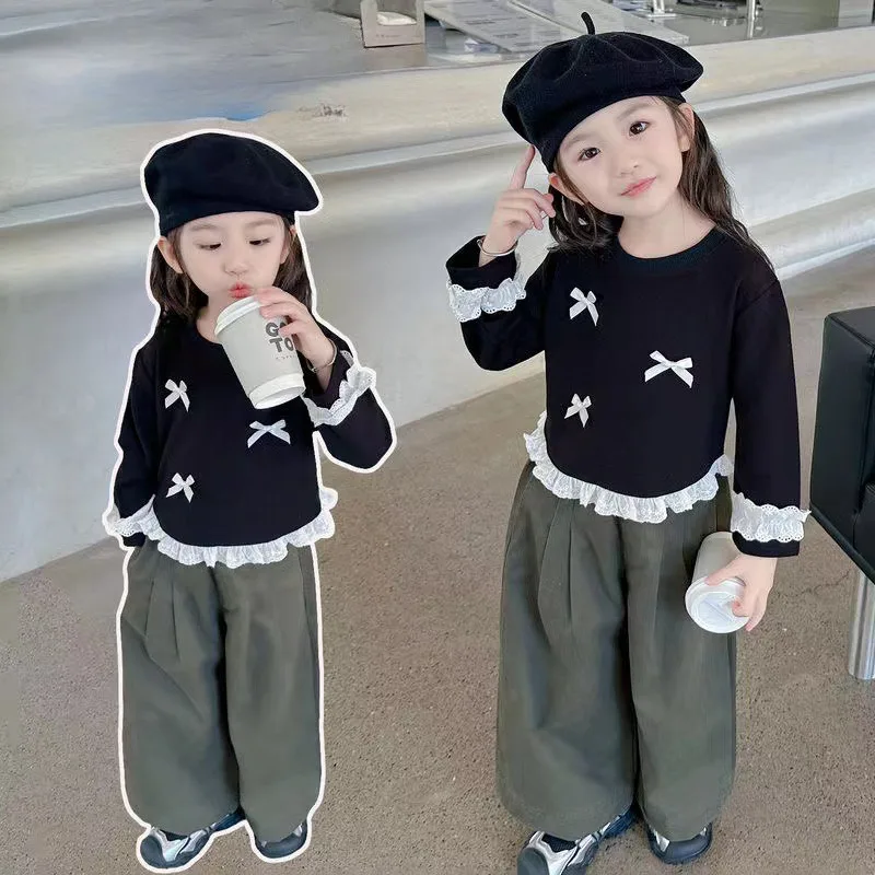 2024 Autumn Girls\' Long Sleeved T-shirt with Bow Lace Korean Children\'s Clothing Spring and Autumn Bottom Shirt Ropa De Niña