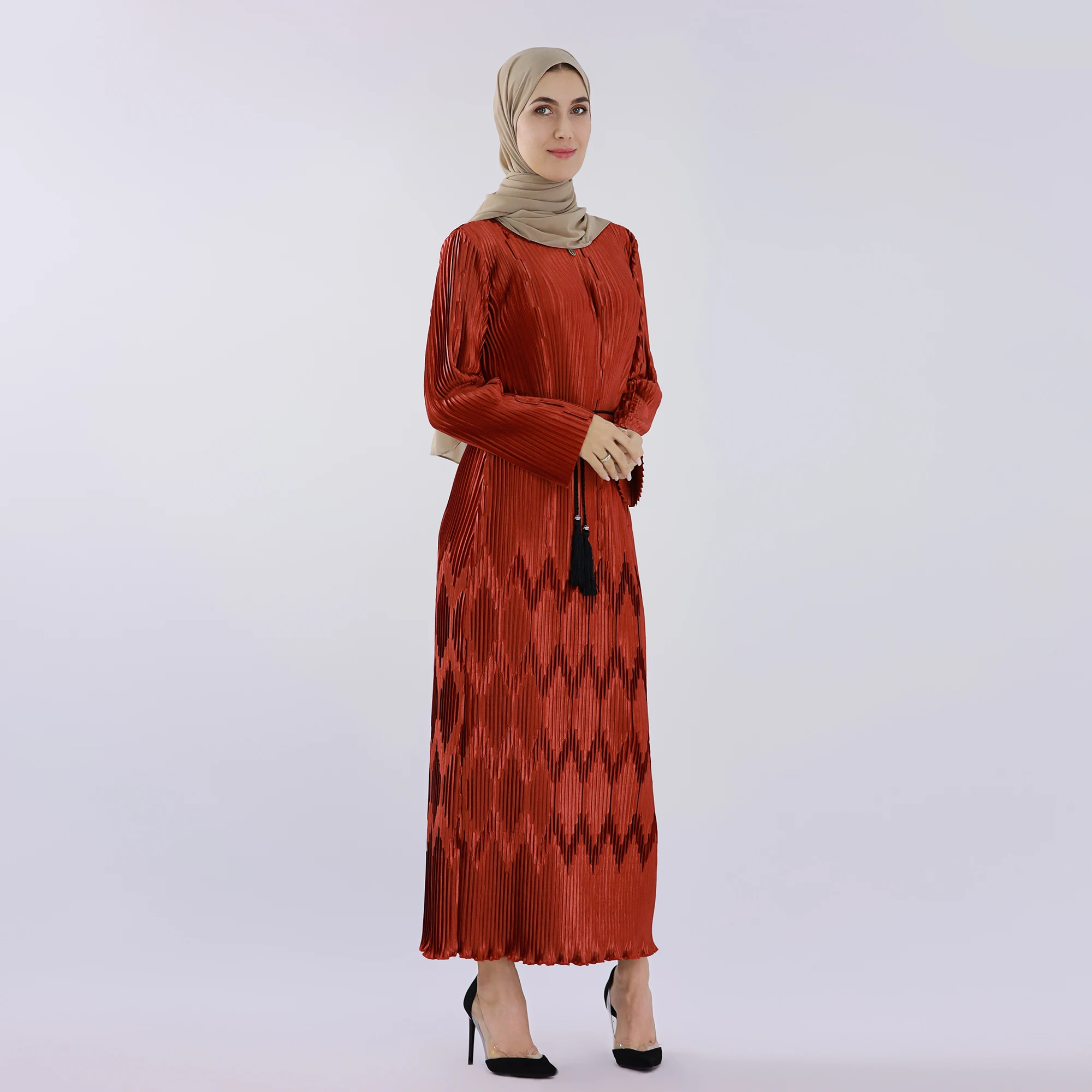 Imagem -02 - Vestido Maxi Plissado de Mangas Compridas para Mulheres Muçulmanas Roupas Islâmicas Abaya Roupas Modas de Dubai Eid Casual Hijabi Túnica Elegante Verão