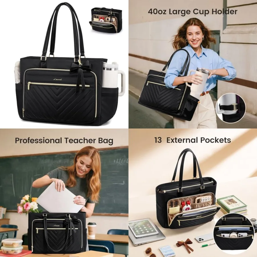 

Laptop Tote Bag for Women, Work Bag Teacher Tote with Large Cup Holder, Quilted Nurse Diaper Bag for Travel, Computer Women's h