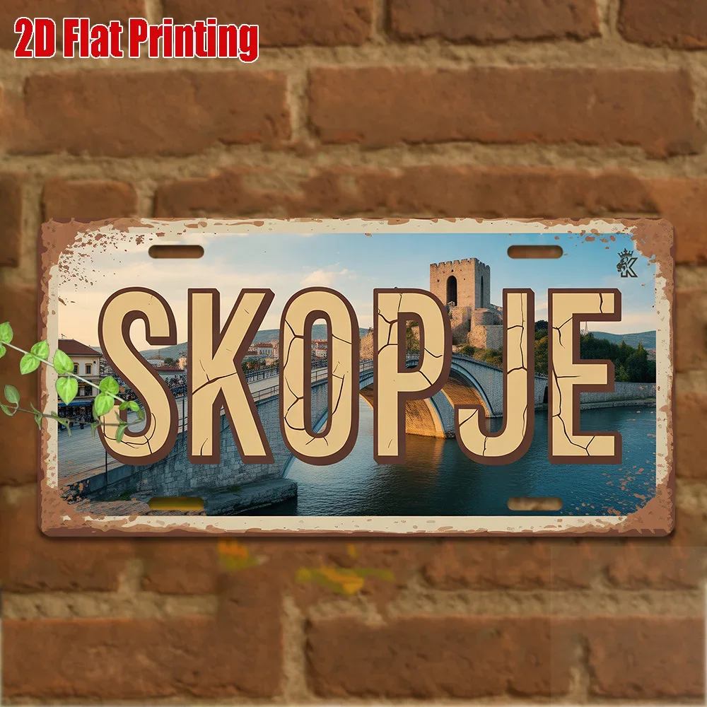 2D Flat -Vintage Aluminum Sign for Decorative Purposes Only, Outdoor Wall Art , Skopje Sign, Retro Decor, Urban Landscape
