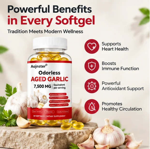 Odorless Aged Garlic Softgels, 7500mg Equivalent Per Serving, Dietary Supplement, Support Cardiovascular Wellness, 60 Softgels