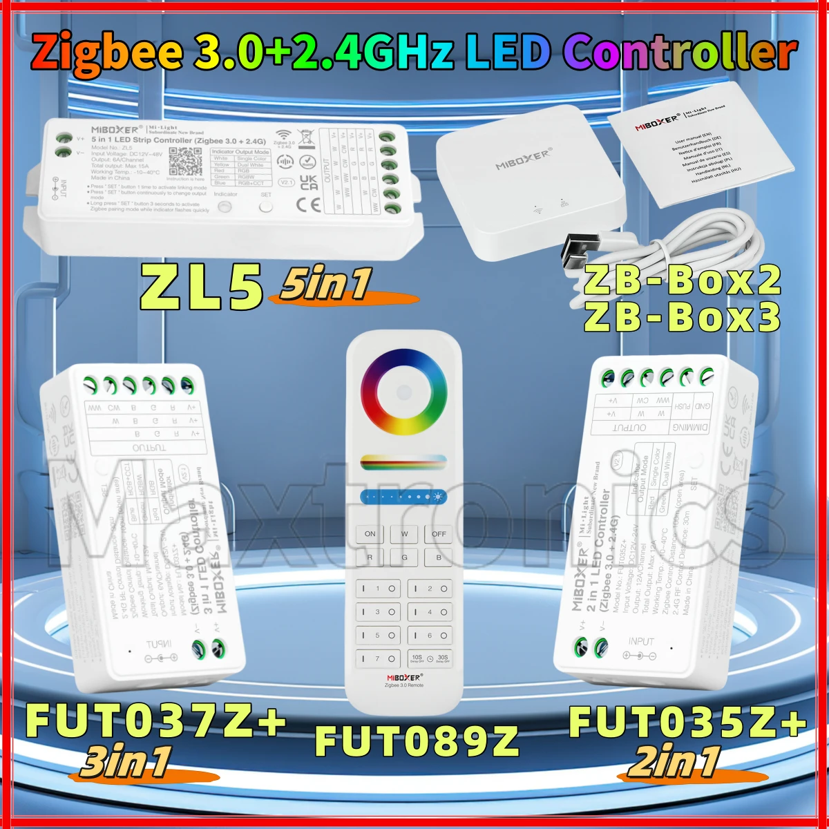 Miboxer 5 in 1 Zigbee 3.0+2.4GHz ZL5 LED Strips Controller/ 2 in 1 FUT035Z+/ 3 in 1 FUT037Z+ LED Controller 15A FUT089Z ZB-Box2