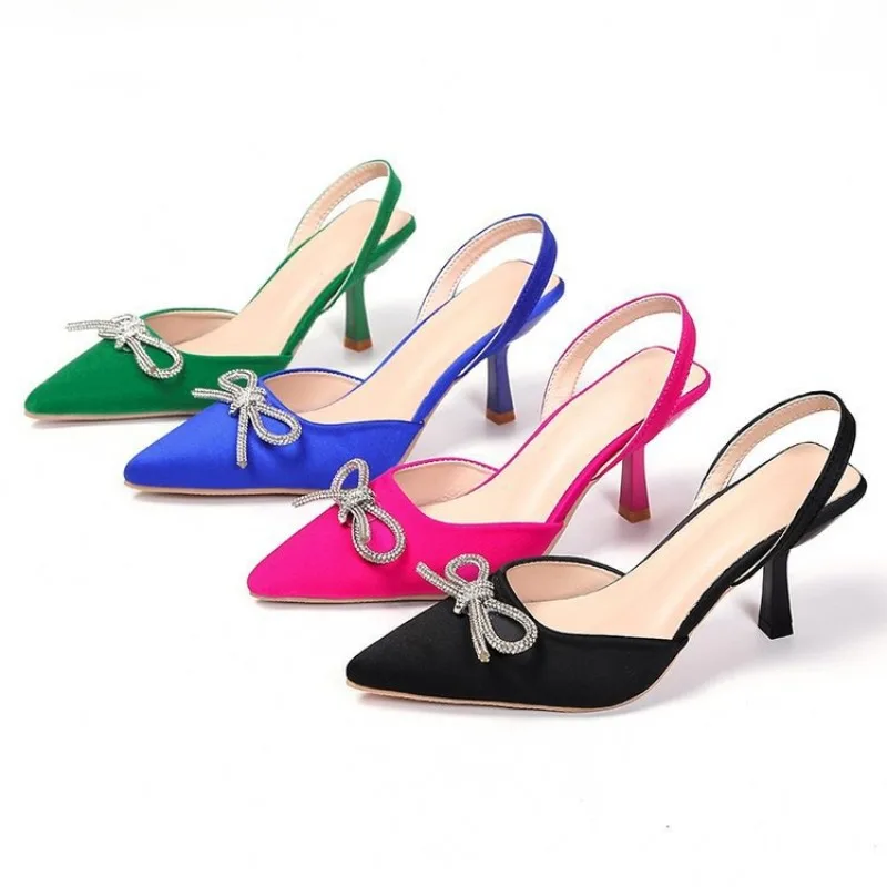 

2026 Summer Luxury Rhine-embellished Heels Sweet Bow Designer Pointy Sandals Outdoor Commuting Comfort Women's Stiletto Heels