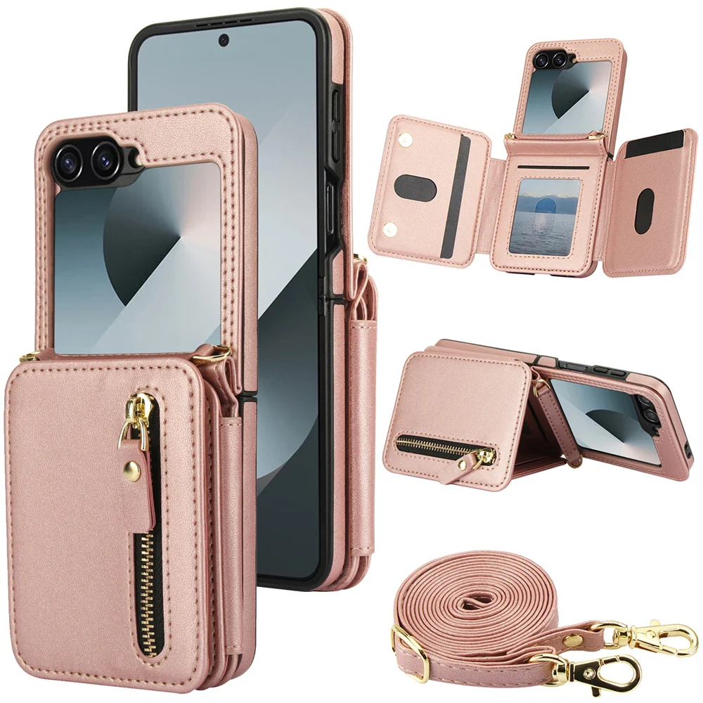 

Crossbody Purse PU Leather Phone Case for Samsung Galaxy Z Flip 6 5 4 Flip6 Flip5 Flip4 Flip3 Zipper Wallet Card Holder Cover