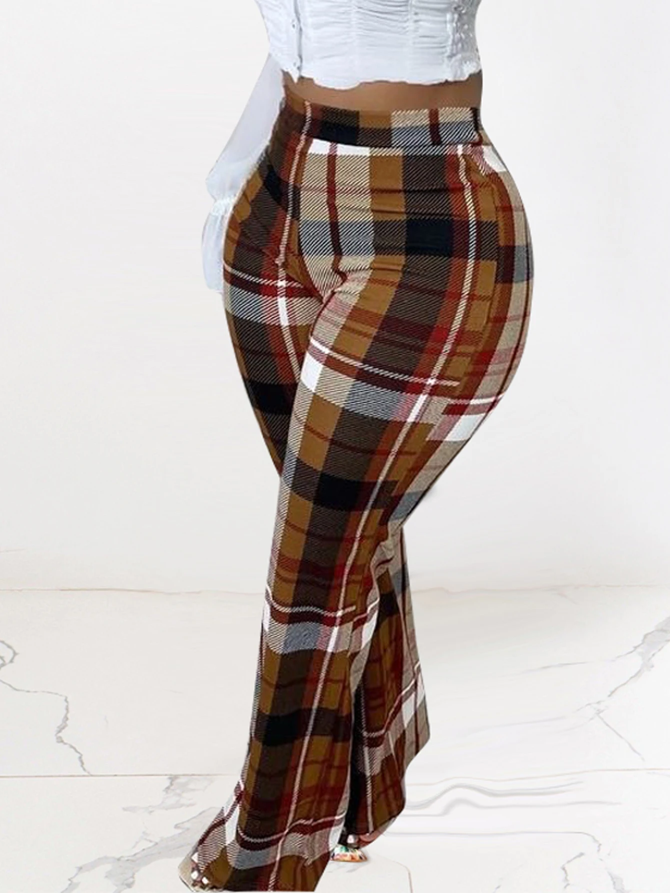 European and American women\'s plaid printed straight leg pants