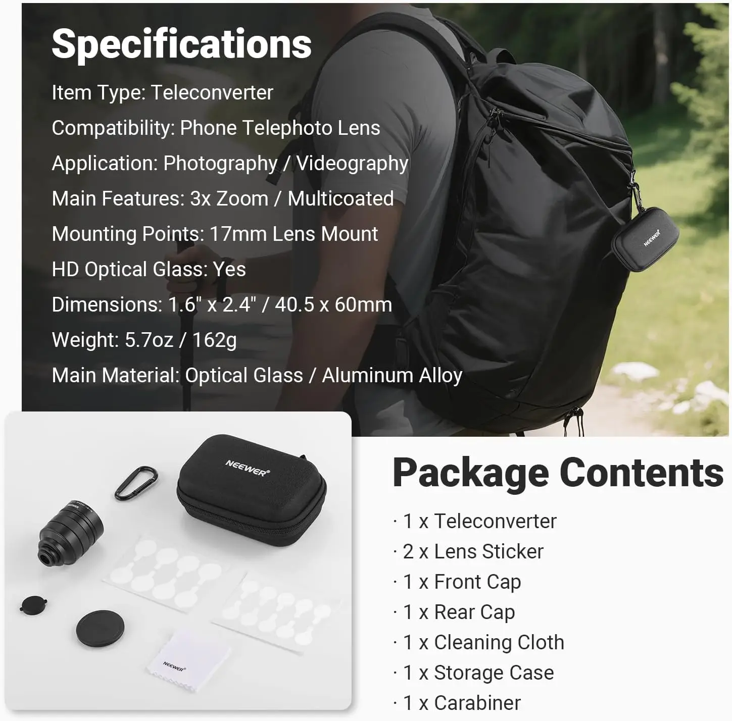 NEEWER 3X Telekonverter für Smartphone-Teleobjektiv, 360mm Äquivalent, 17mm Gewinde, für iPhone Android Samsung Xiaomi – Detail 7