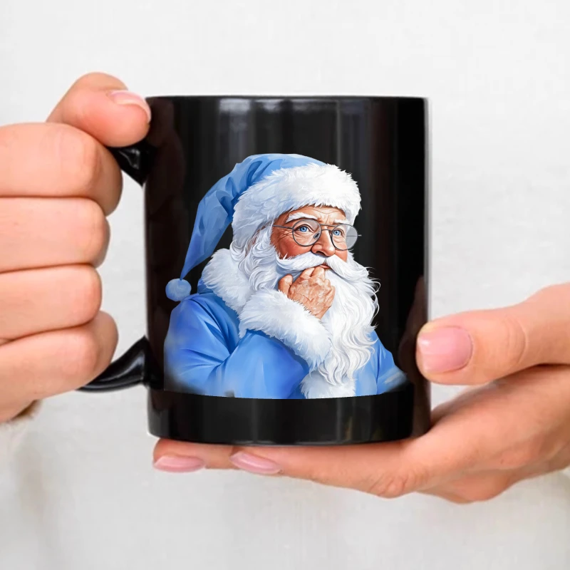 Black ceramic mug with Santa blue suit design, perfect for Christmas coffee or tea