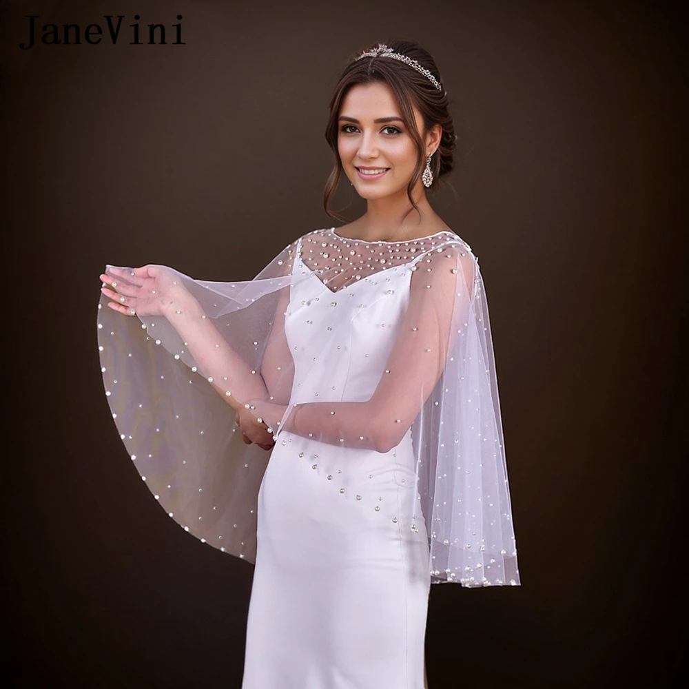 

JaneVini Luxury Pearl Tulle Cape Bridal Wraps Evening Shrug Shawl Wedding Party Bolero Woman Elegant Capa Para Novia Boda 2024