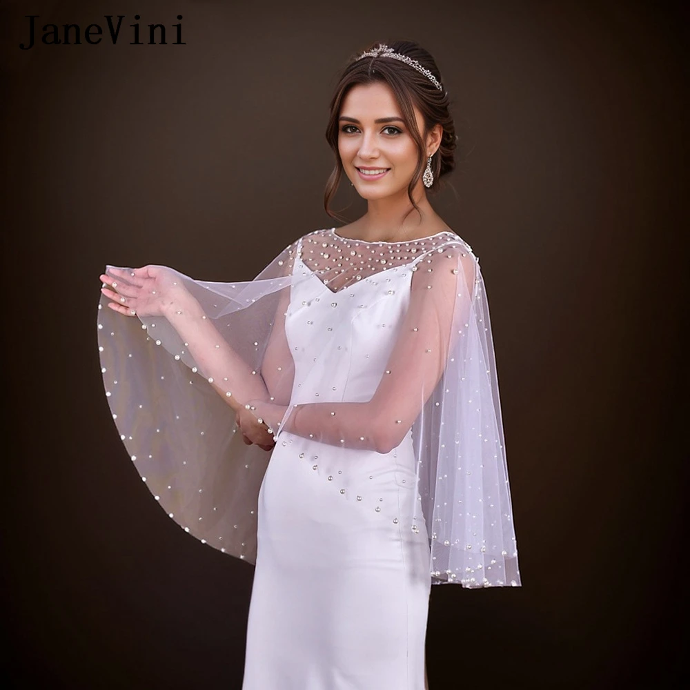 Janevini Luxe Parel Tule Cape Bruidswraps Avond Shrug Sjaal Trouwfeest Bolero Vrouw Elegante Capa Para Novia Boda 2024