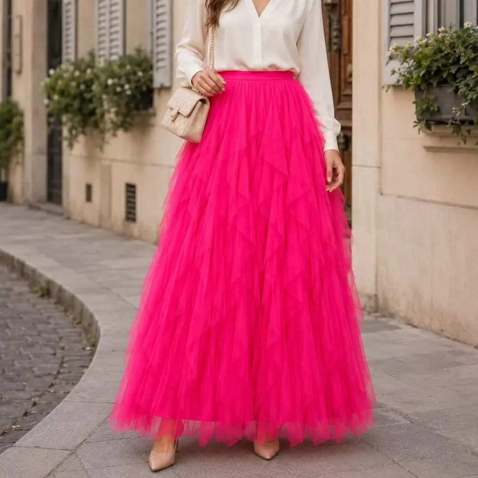 2026 Women Mesh Tulle Maxi Skirt High Waist Long Tutu Skirt Pleated Solid Color Elegant Fairycore Spring Summer Party Wear