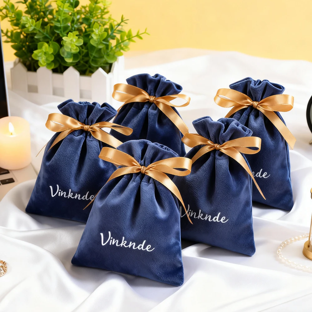 

100Pack Custom Logo Velvet Jewelry Pouch 8x10cm Gold Ribbon Drawstring Gift Bags Earrings Organizer Packaging Wedding Favors
