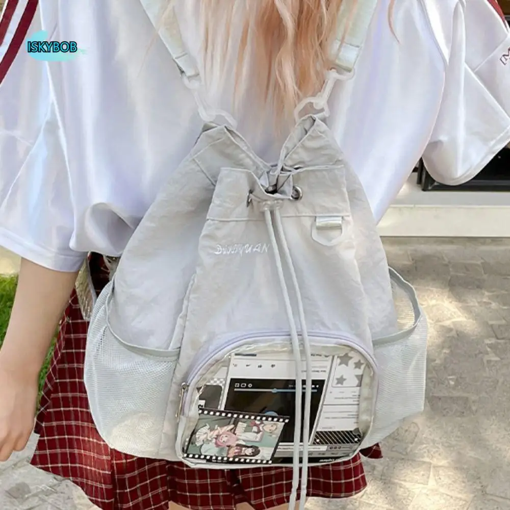 

Knapsack Transparent Nylon Drawstring Backpack Lightweight Badge Display Casual Ita Backpack Harajuku Sweet Y2k Schoolbag Hiking