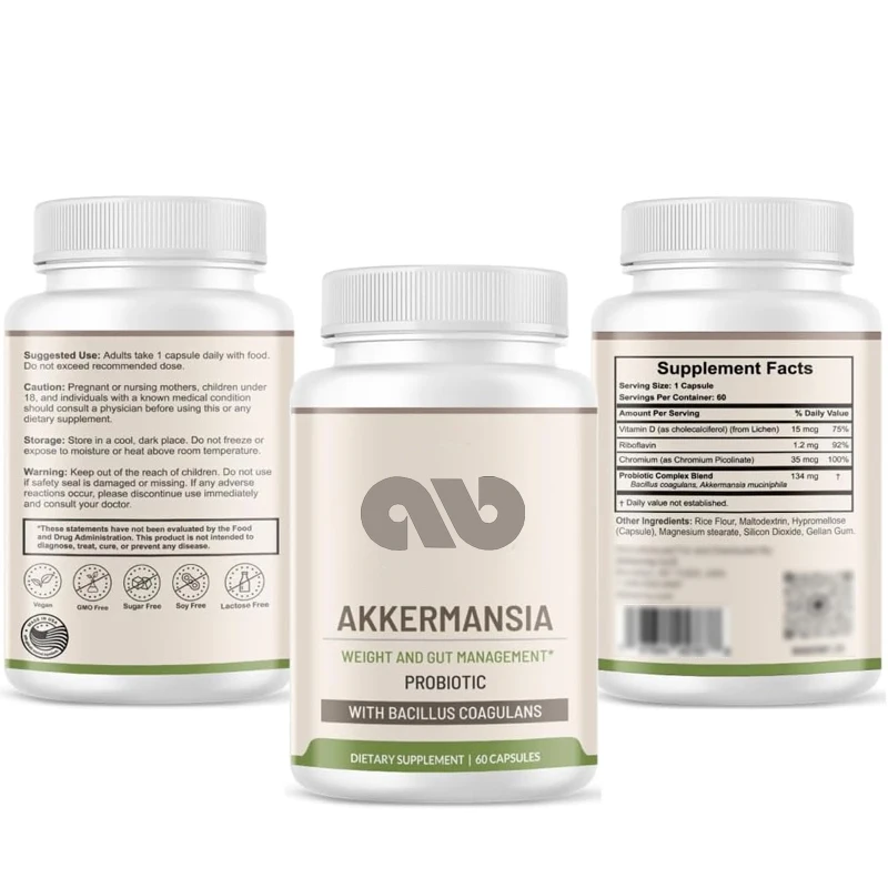 Akkermansia Probiotics (60 capsules) - vegetarian, gluten free - containing Bacillus coagulans, vitamins B2, D3, and chromium