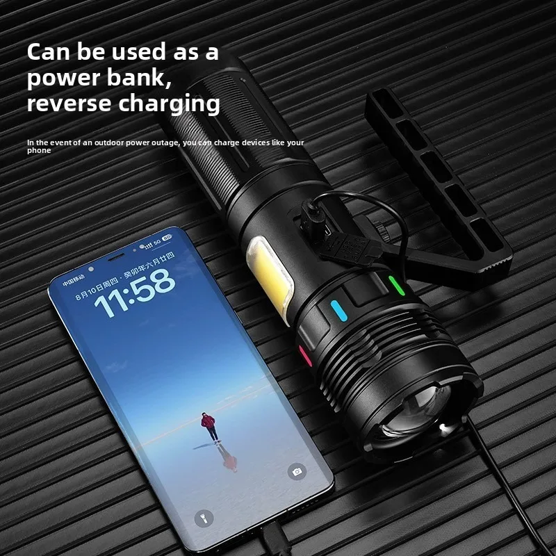 High-Power White Laser Zoom Searchlight: Ultra-Bright, USB Rechargeable, Digital Display, Alloy Handheld Flashlight