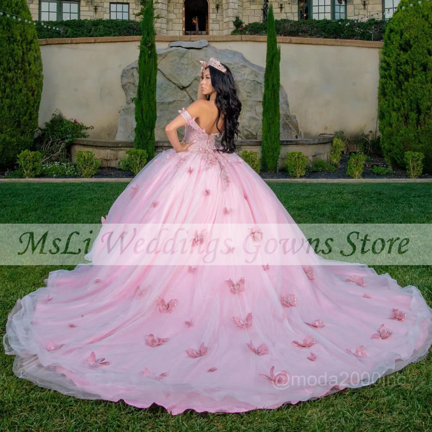 Vestido De quinceañera mexicana con hombros descubiertos, traje rosa con apliques De mariposa para fiesta De cumpleaños y graduación, 15 y 16 años