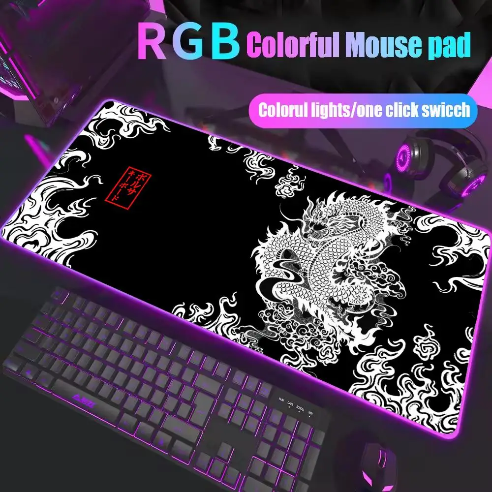 Alfombrilla de ratón para juegos XXL RGB, alfombrilla de escritorio de dragón, accesorios para jugadores negros HD, alfombrillas de ratón con luz LED grande, alfombra para ordenador con retroiluminación