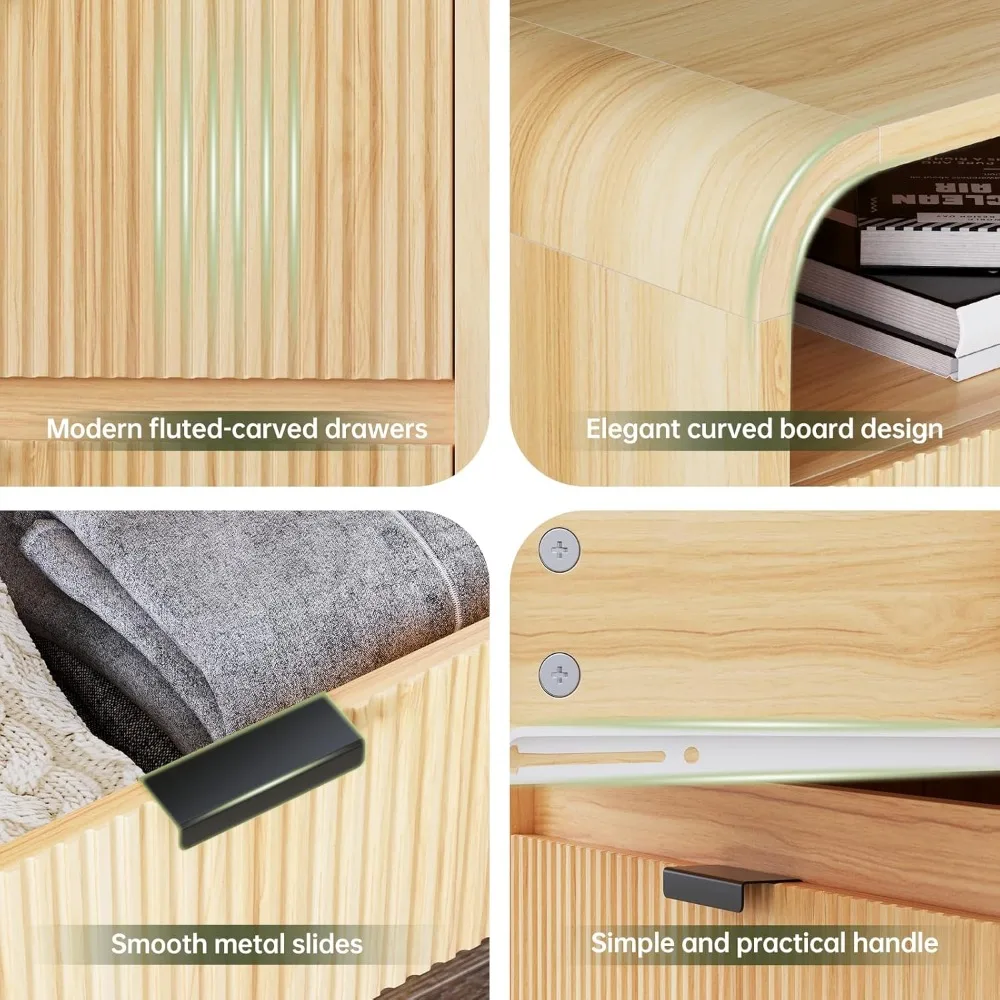 منضدة مخددة مع قاعدة شحن، طاولة نهاية خشبية مع درجين للتخزين، تصميم ملف تعريف منحني، خزانة بجانب السرير حديثة