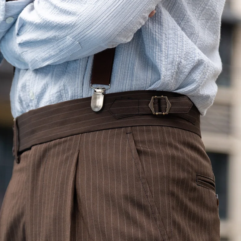 POT&CRAFTSMAN Coffee Stripe High Waist Neapolitan Wide Waistband Straight Leg Suit Trousers Men Paris Button Adjustment
