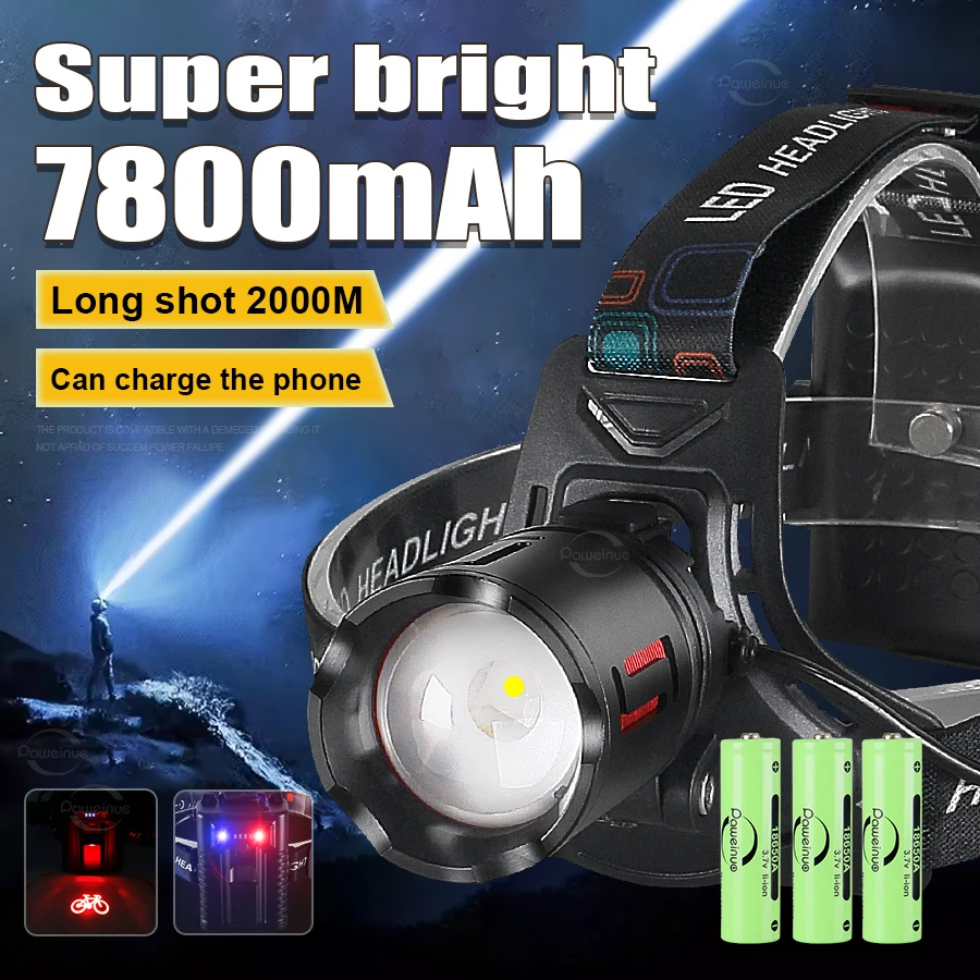 Pop 1000000LM Ultra Powerful Headlamp USB Rechargeable Head Flashlight Lighting 2000M Zoom Headlight LED Head Lamp Fishing Lante