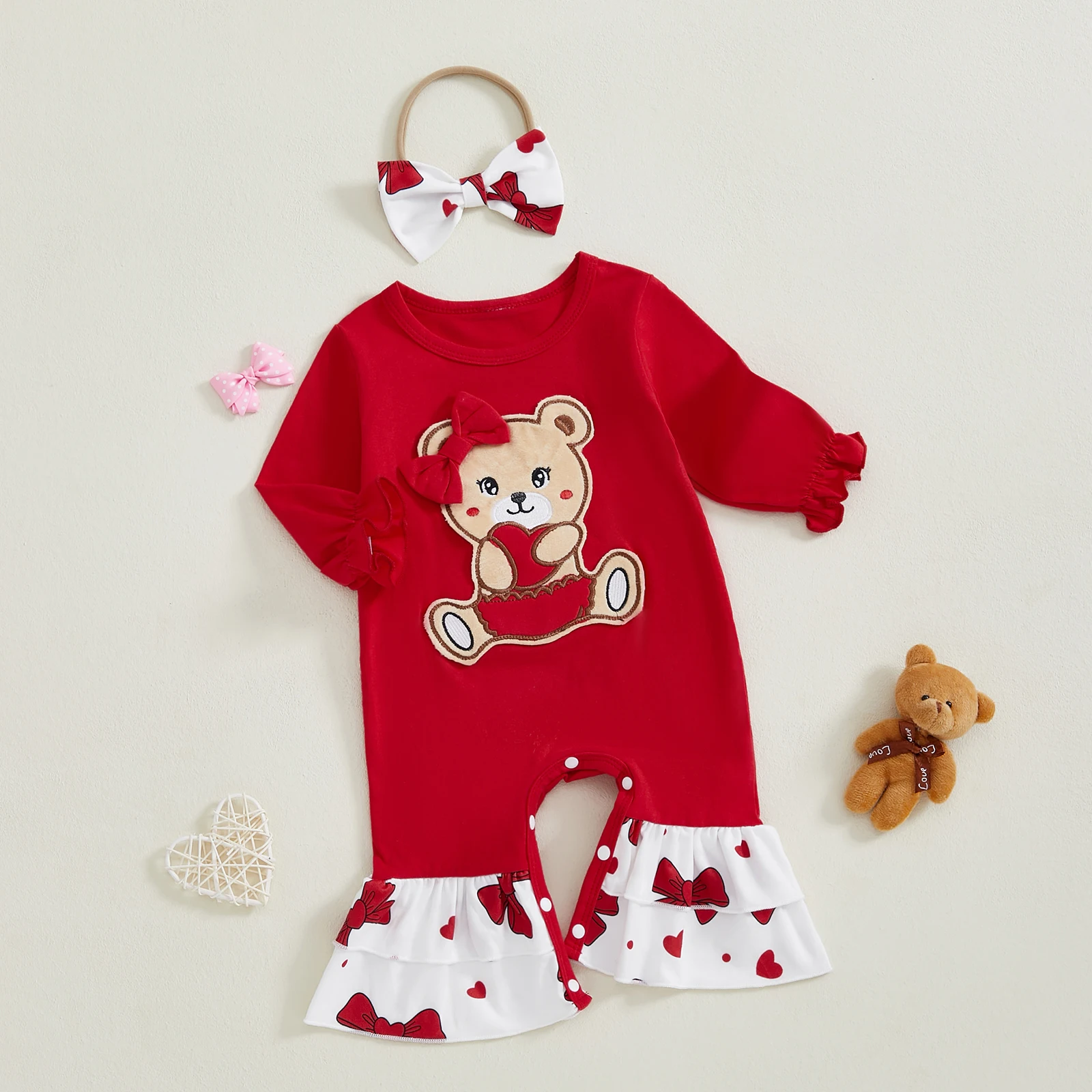 BeQeuewll Valentine’s Day Newborn Romper for Baby Girls Clothes Long Sleeve Bear Embroidery Ruffle Jumpsuit with Headband Set