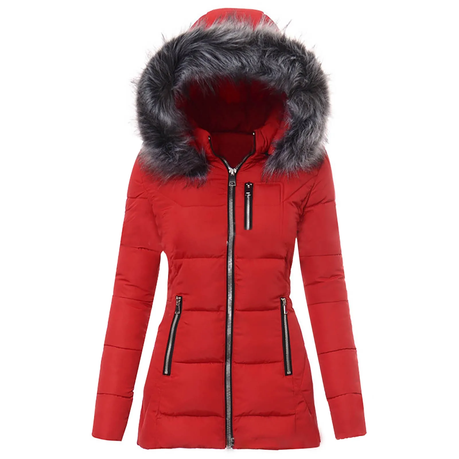 Down Coats For Women With Hood Thicken Warm Puffer Jacket With Faux Hood Winter Solid Slim Fit Outdoor Warm Outerwear Female New