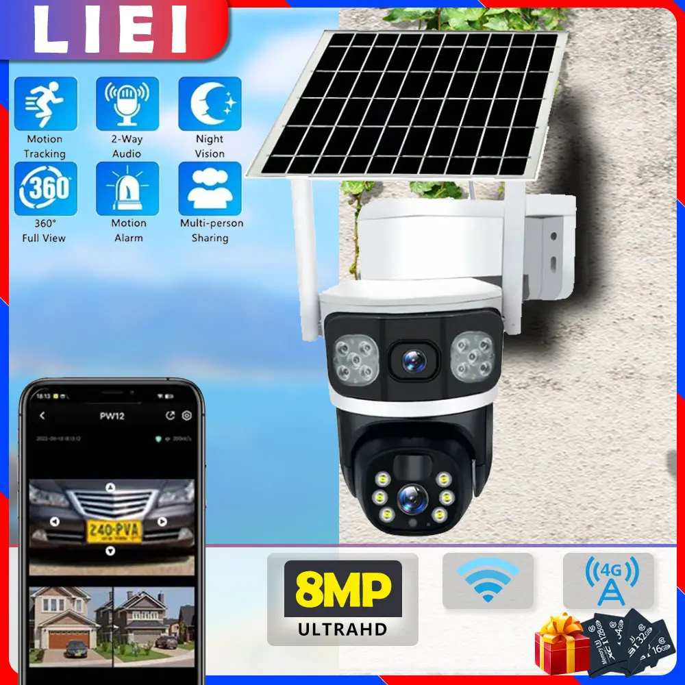 

LIEI 8MP 4G/WIFI PTZ Solar Camera 4K HD Auto Tracking Dual Lens camara Security Protection Monitor Smart Home CCTV Surveillance