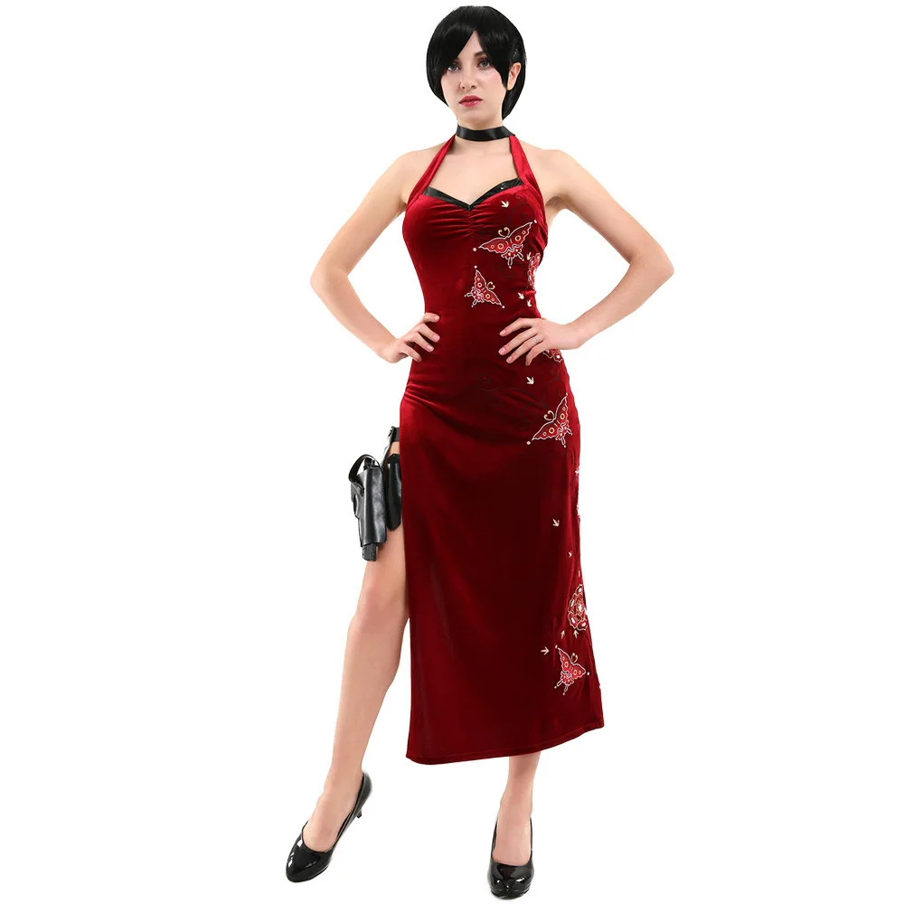 Costume de Cosplay du Jeu Résident Ada Wong, Cheongsam Rouge Sexy, Vêtements d'Halloween pour Femme