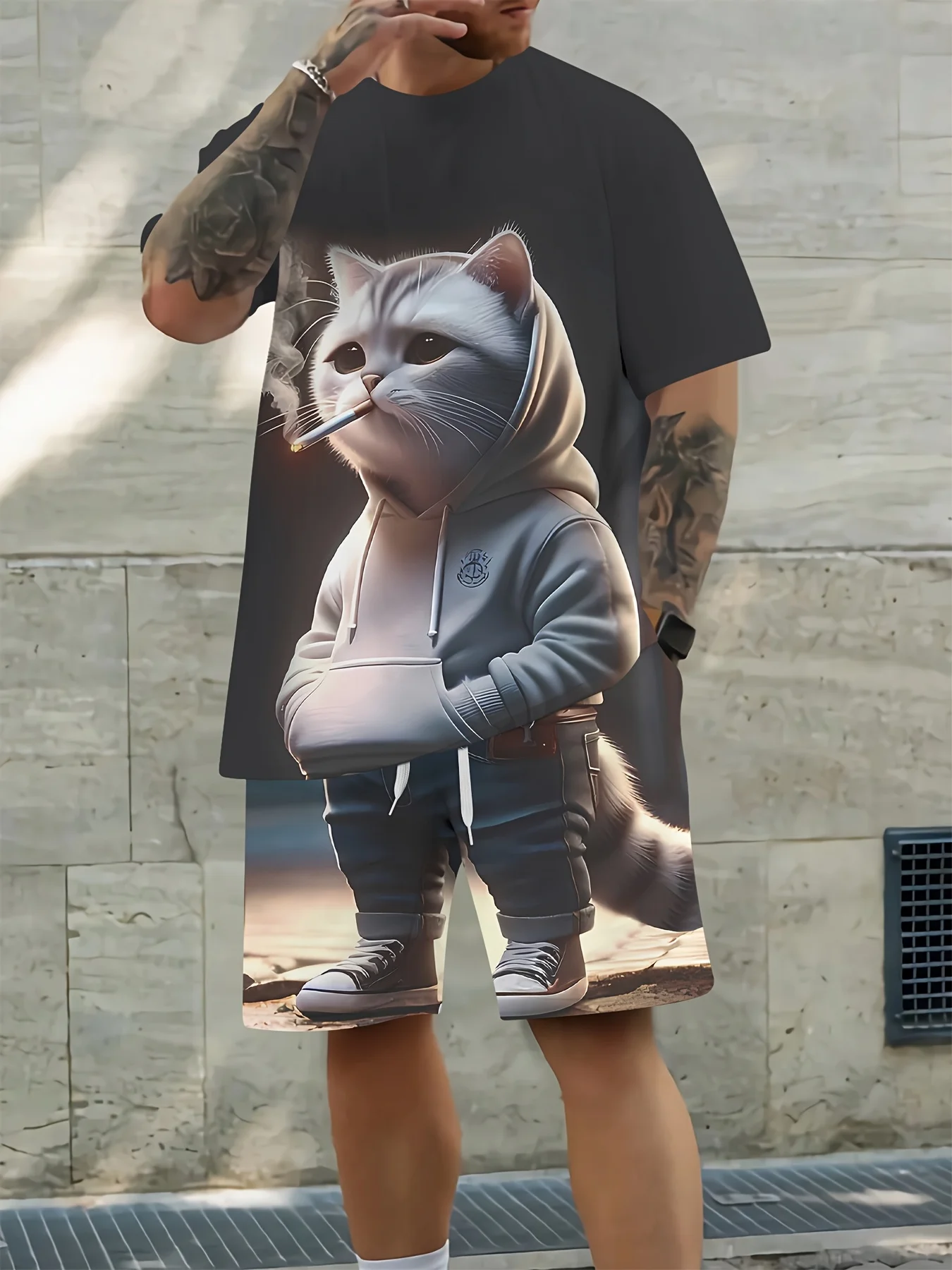 

Men's 3D Summer Luxury Fashion Comfort Hoodie Cat Print Casual Streetwear Set - Cute Breathable Quick-Dry Two Piece Outfit