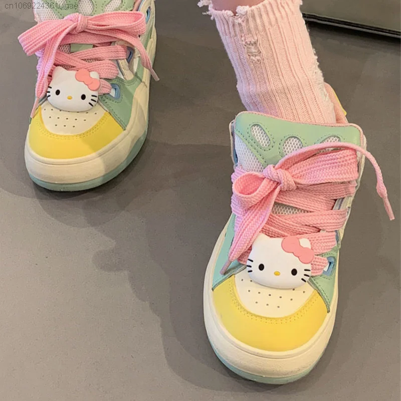 Buty Sanrio Hello Kitty blokujące kolor Y2k koreański Trend z okrągłym noskiem damskie wszechstronne trampki studenckie buty estetyczne