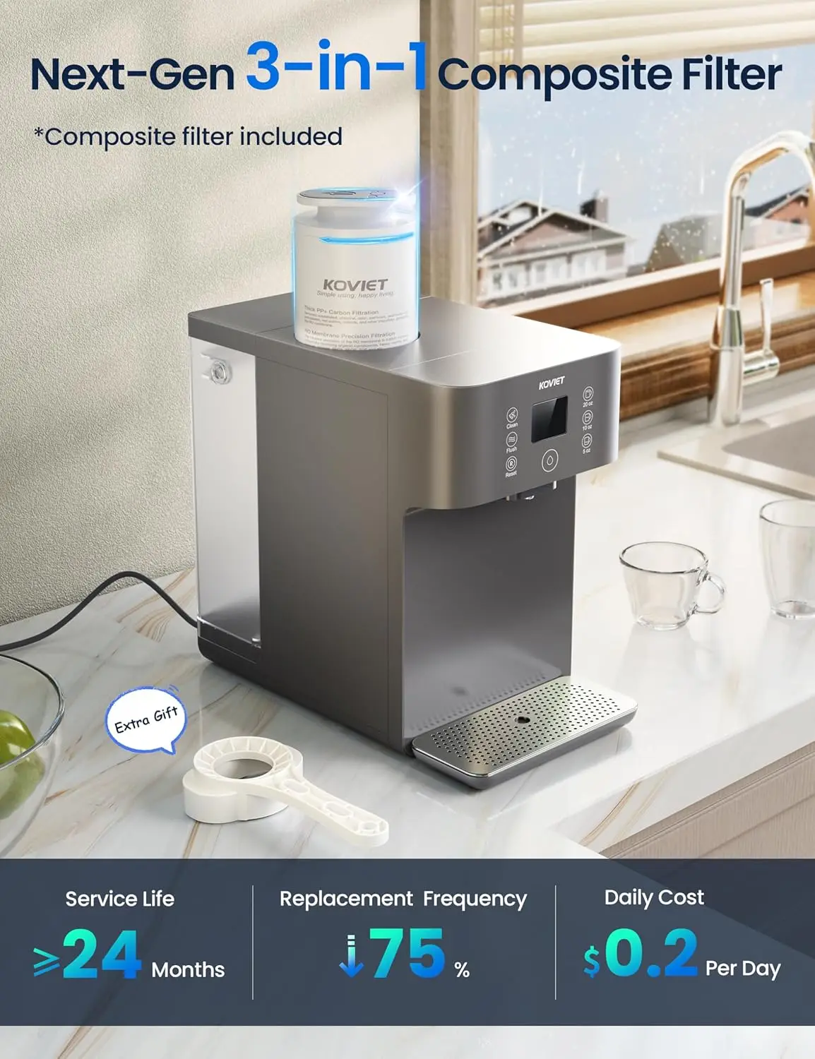 Countertop Water Filter, 8 Stage Nano RO Water Filtration System, Home Water Purifier, 4:1 Pure to Drain Ratio, No Installation